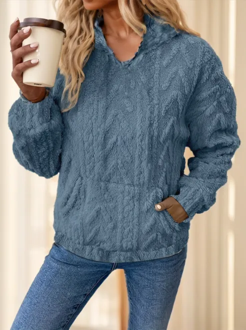 Olid Teddy Bear Textured Hoodie Casual Long Sleeve Kangaroo Pocket Hoodie Sweatshirt Blue - Shop at LoveMi