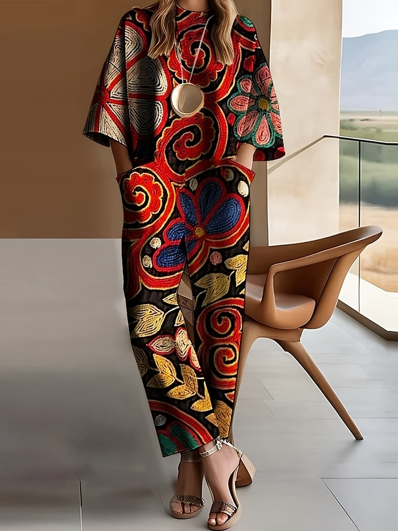 Women's Short-sleeve Long Casual Jumpsuit With A Round Neck And Wide-leg Fit