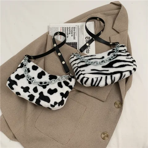 Leopard Pattern Plush Bag Personality Diagonal Women Bag Chain