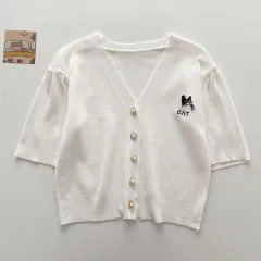 Korean Style Cat Embroidery Design Temperament V-neck Cardigan Top - White - View 1
