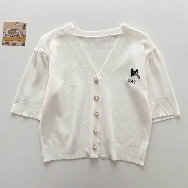 Korean Style Cat Embroidery Design Temperament V neck Cardigan Top White - Shop at LoveMi