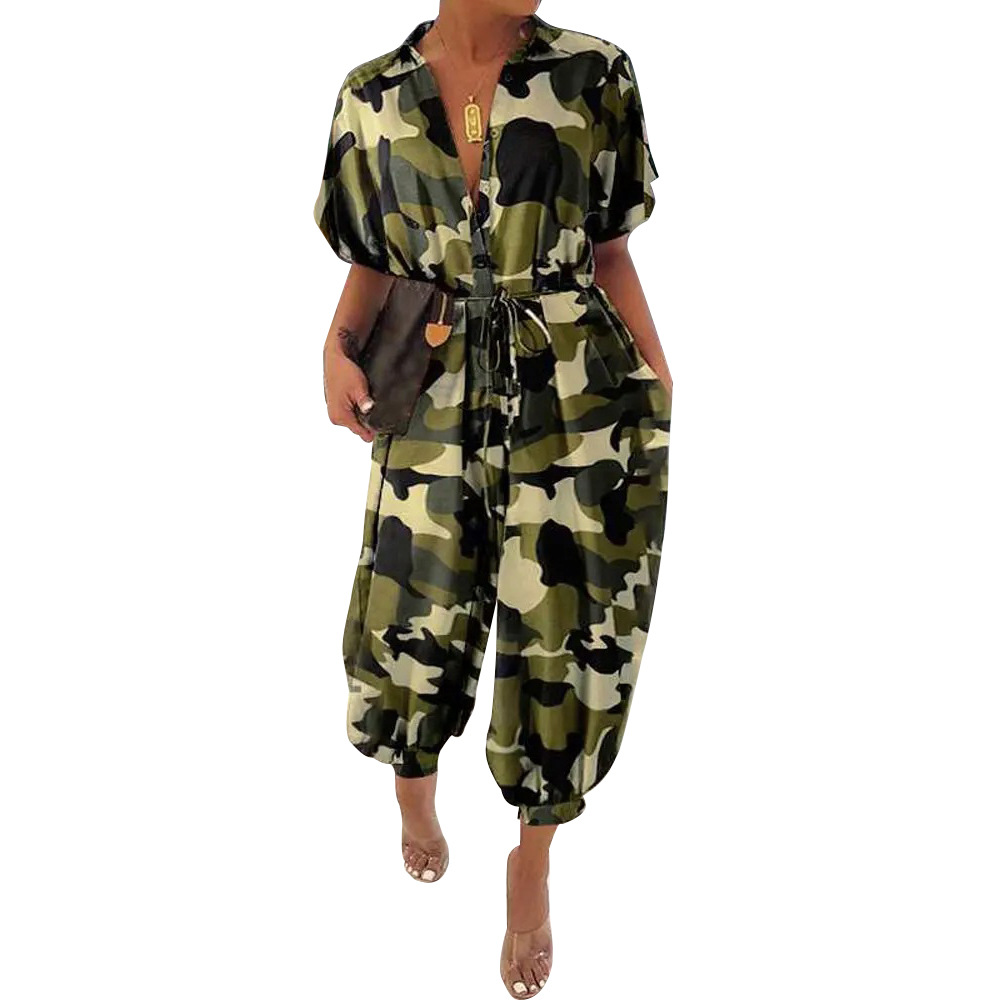 Women’s Camo Short Sleeve Lapel High Waist Casual Loose Jumpsuit