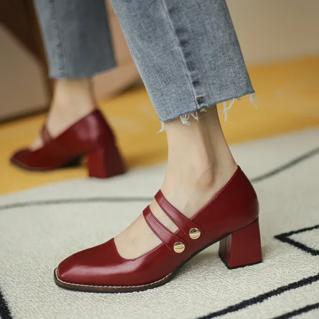 New Gentle High Thick Heel Retro Women's Shoes Red - Shop at LoveMi