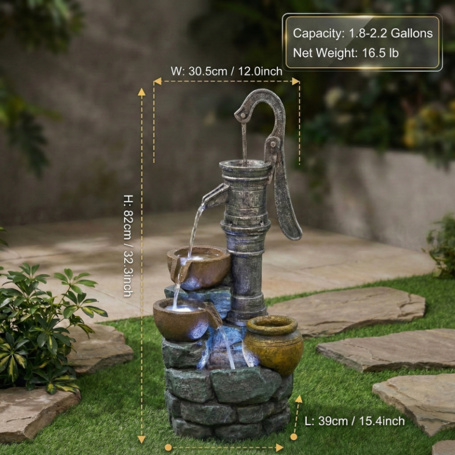 32inch H Large Outdoor Fountains With Vintage Pump Ideal For Patio Yards Outdoor Gardens And Home Art Decor Crafted From Weather-Resistant Materials For Year-Round Use