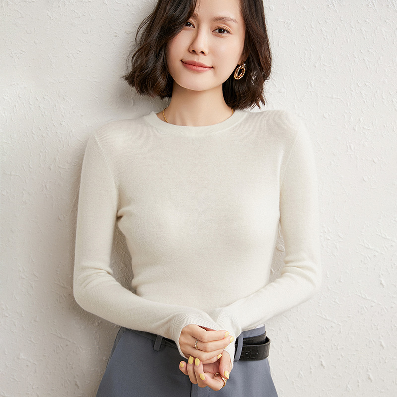 Round Neck Worsted Cashmere Sweater Women's Slim Tight-fitting Pullover