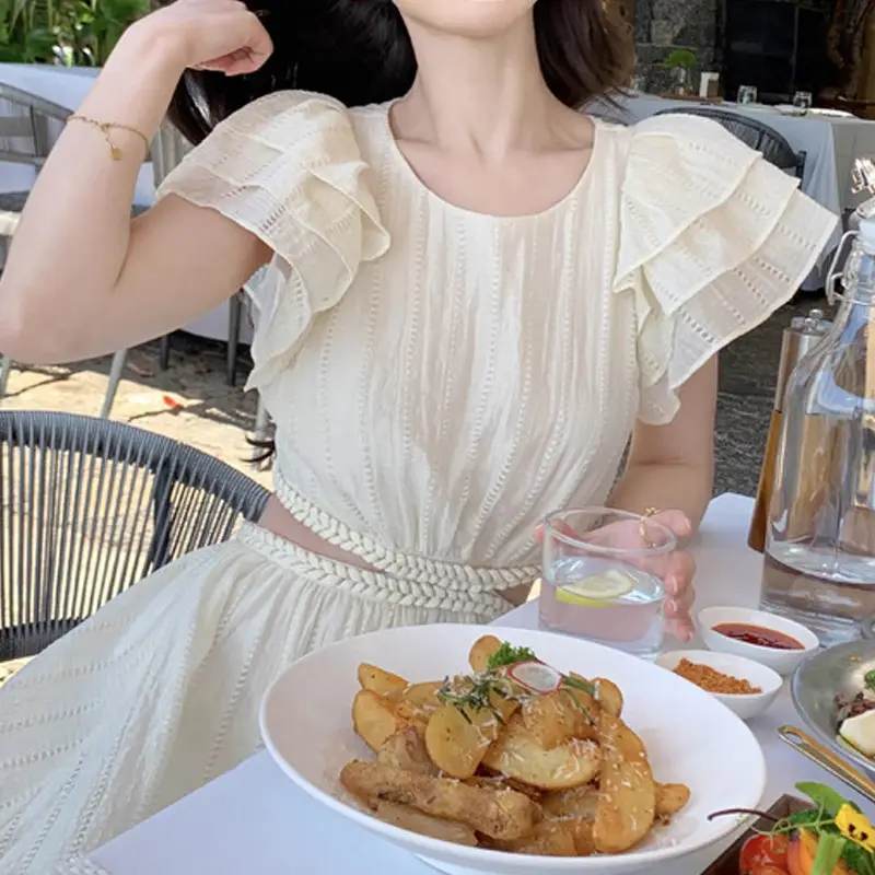 Dance Hollow-out Midriff Seaside Holiday Flounced Sleeve Dress