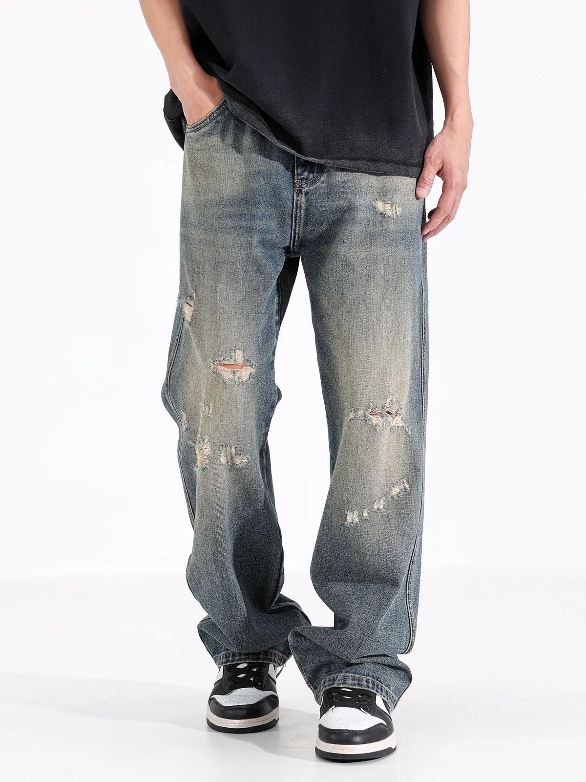 Vintage Baggy Jeans Men Washed Blue Distressed Loose Straight Denim Pants Fast US Fulfillment