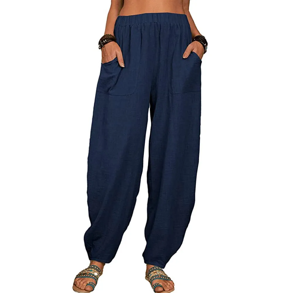 Casual Loose Harem Pants Summer Fashion Solid Color Pockets Trousers Womens Clothing - Navy