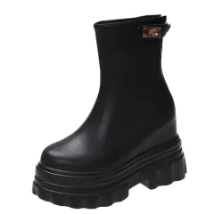 Internally Increased 4CM Short Boots Wedge Heel Flat Bottom Shows High - Black - View 1