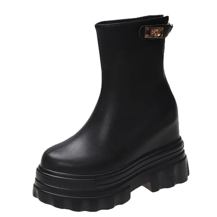 Internally Increased 4CM Short Boots Wedge Heel Flat Bottom Shows High - Black