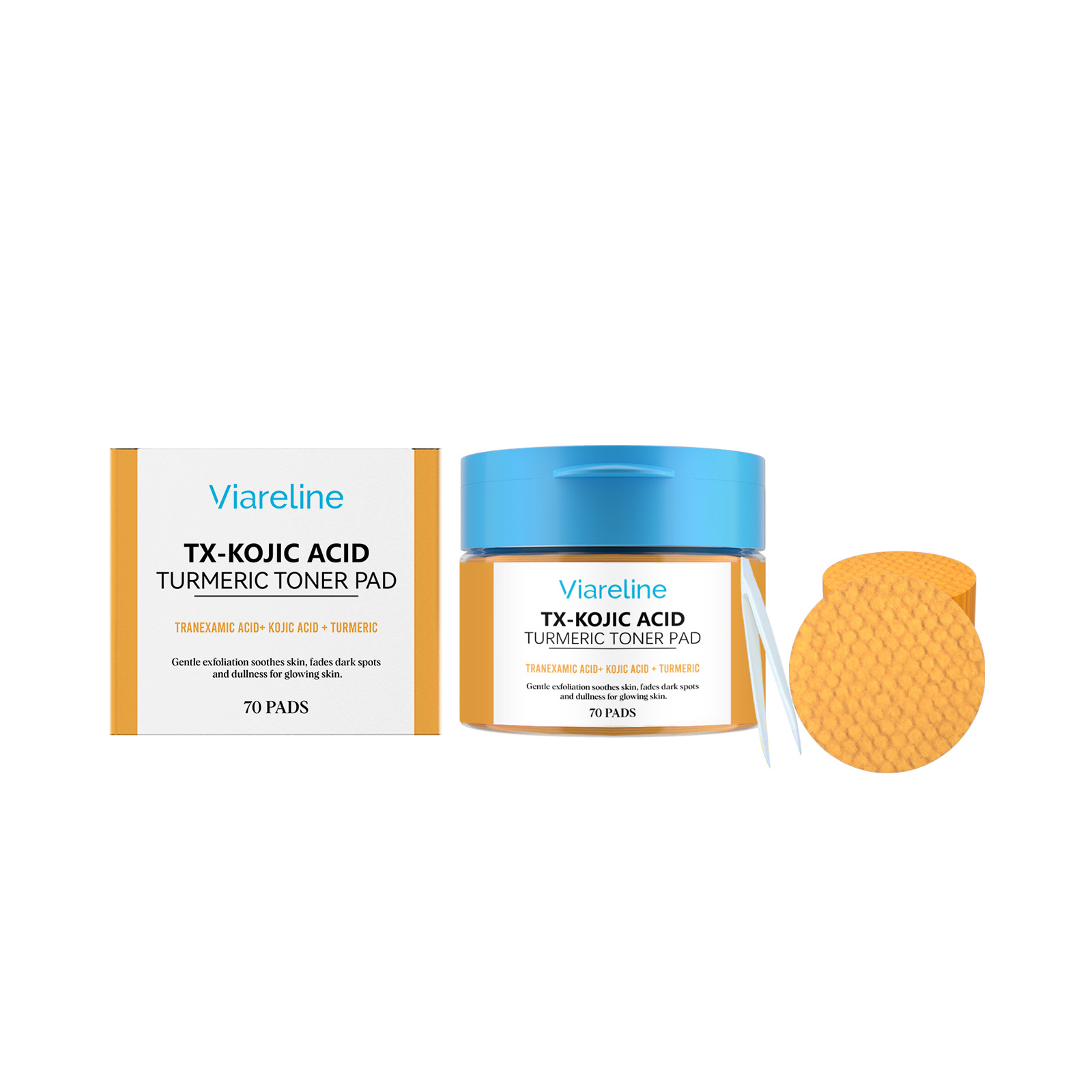 Viareline Kojic Acid Turmeric Brightening Cotton Pads, Hydrating Exfoliating Facial Treatment Pads For All Skin Types Daily Skin Care