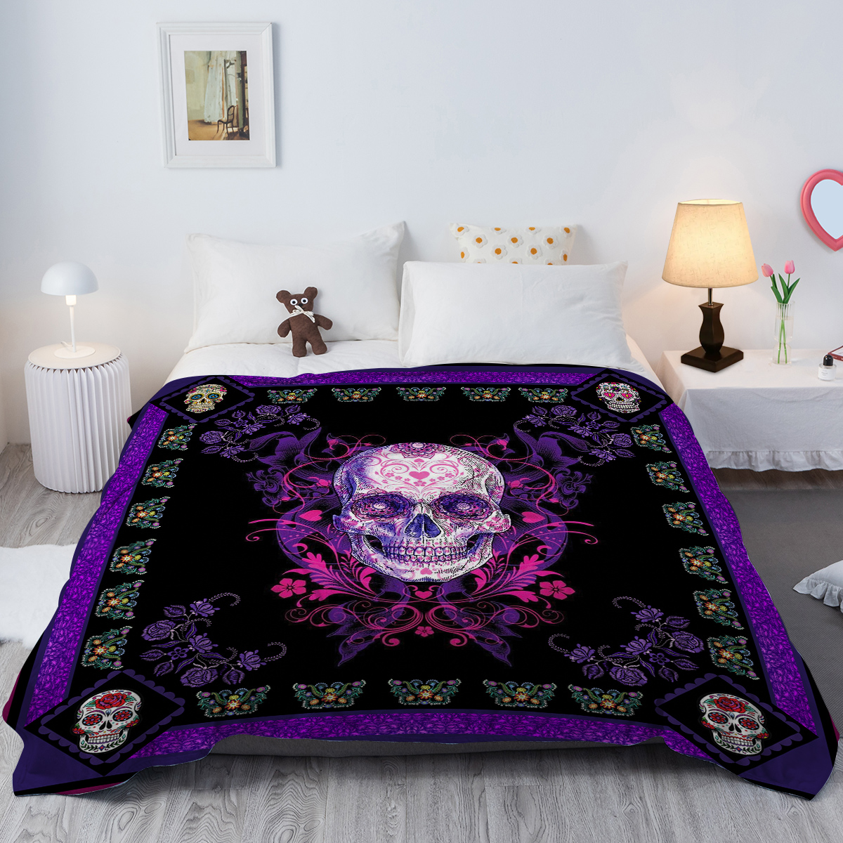 Floral Skull Fleece Throw Blanket