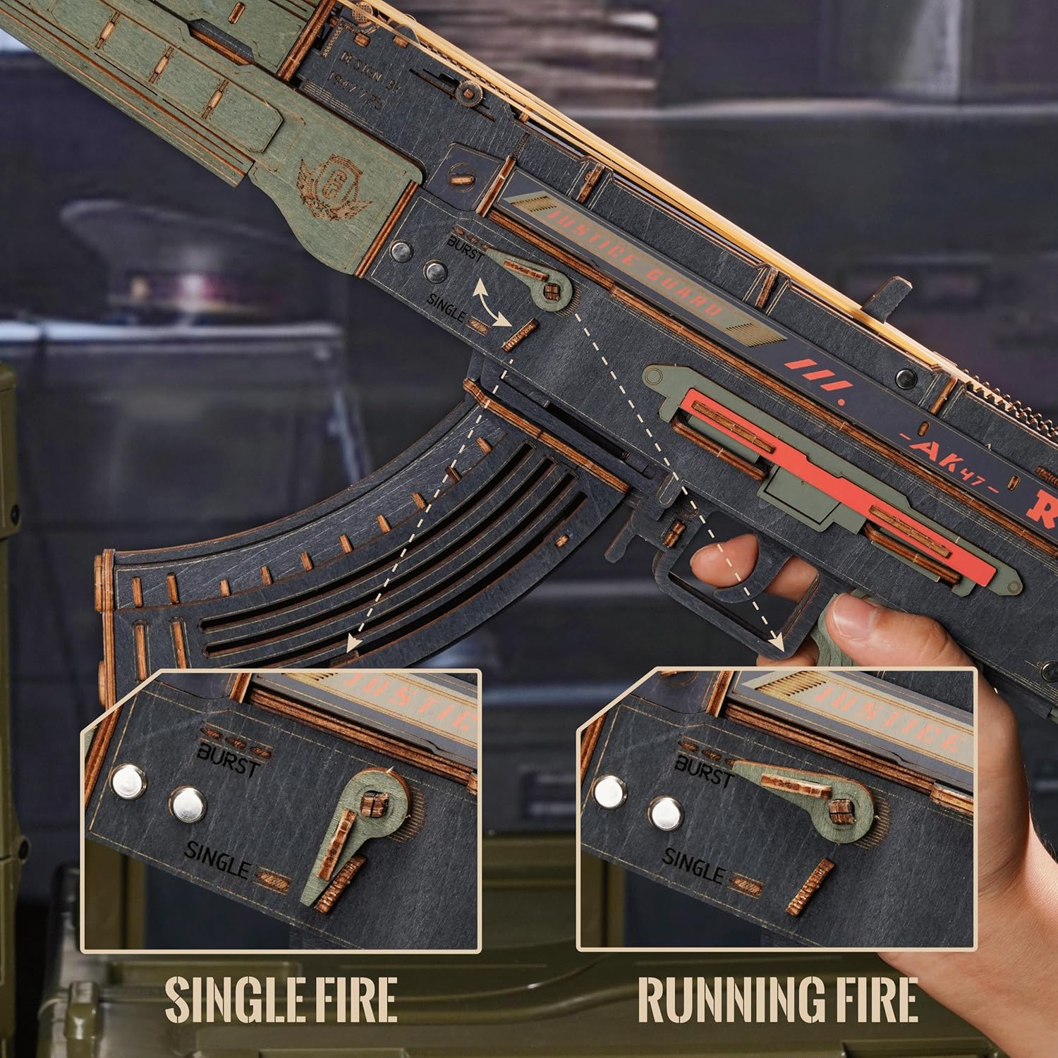 ROKR AK47 Wooden Rifle Model Toy - 315 Pieces, DIY Rubber Band Gun, 3D Puzzle, Wooden Model Building Kit, Single,burst Mode, Premium Collector's Edition Model Kit For Adults And Teenagers