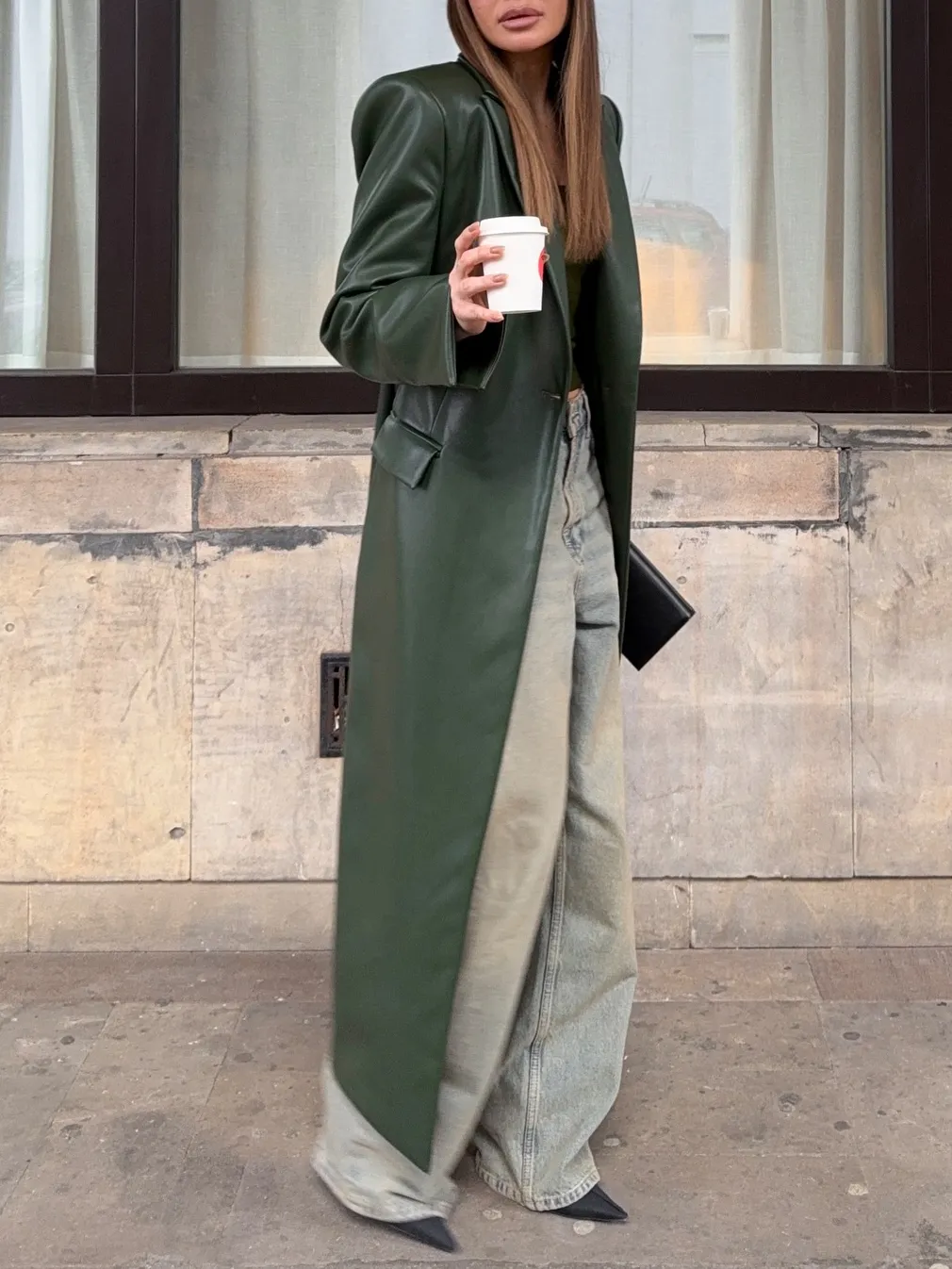 Olive Green Leather Maxi Trench Coat With Shoulder Pads - Olive