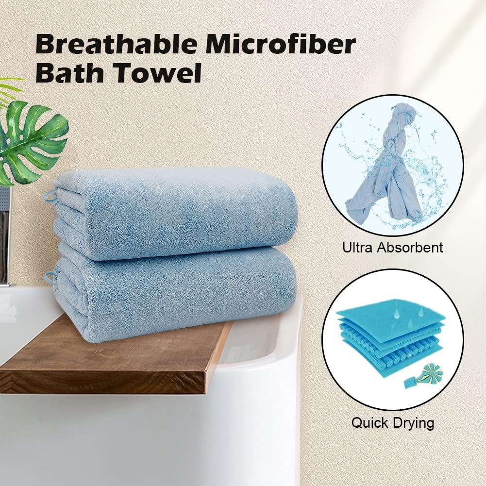 Blue Microfiber Bath Towels 2 Units, 27x54 Inch Soft Quick Dry Towels For Bathroom, Sports, Yoga, Spa And Fitness 3