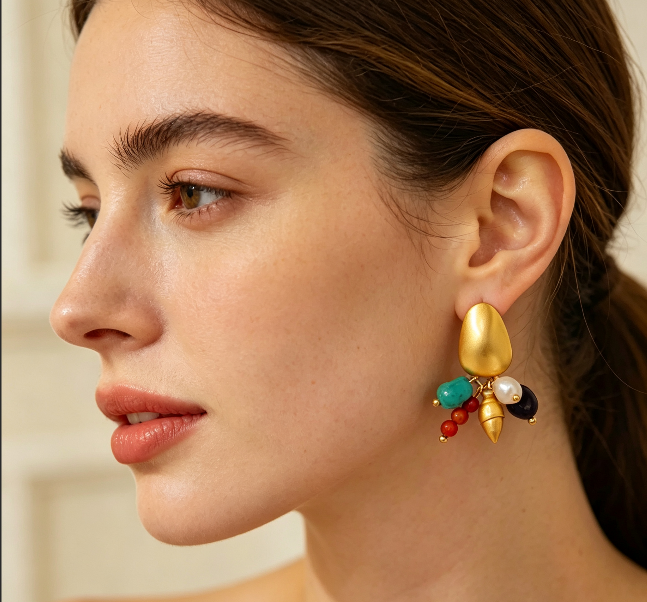 Bohemian Matte Gold Dangle Earrings, Natural Turquoise & Freshwater Pearl Multicolor Bead Drop Earrings For Women