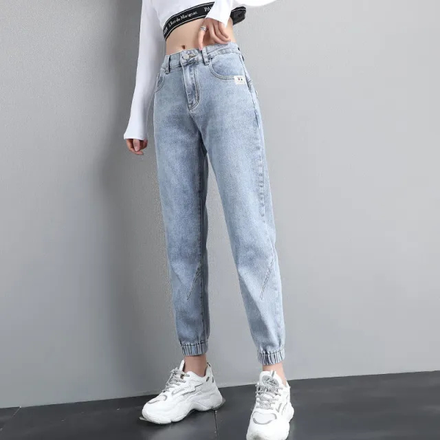 Women Streetwear Ankle Banded Jeans Korean Fashion Baggy Blue - Shop at LoveMi