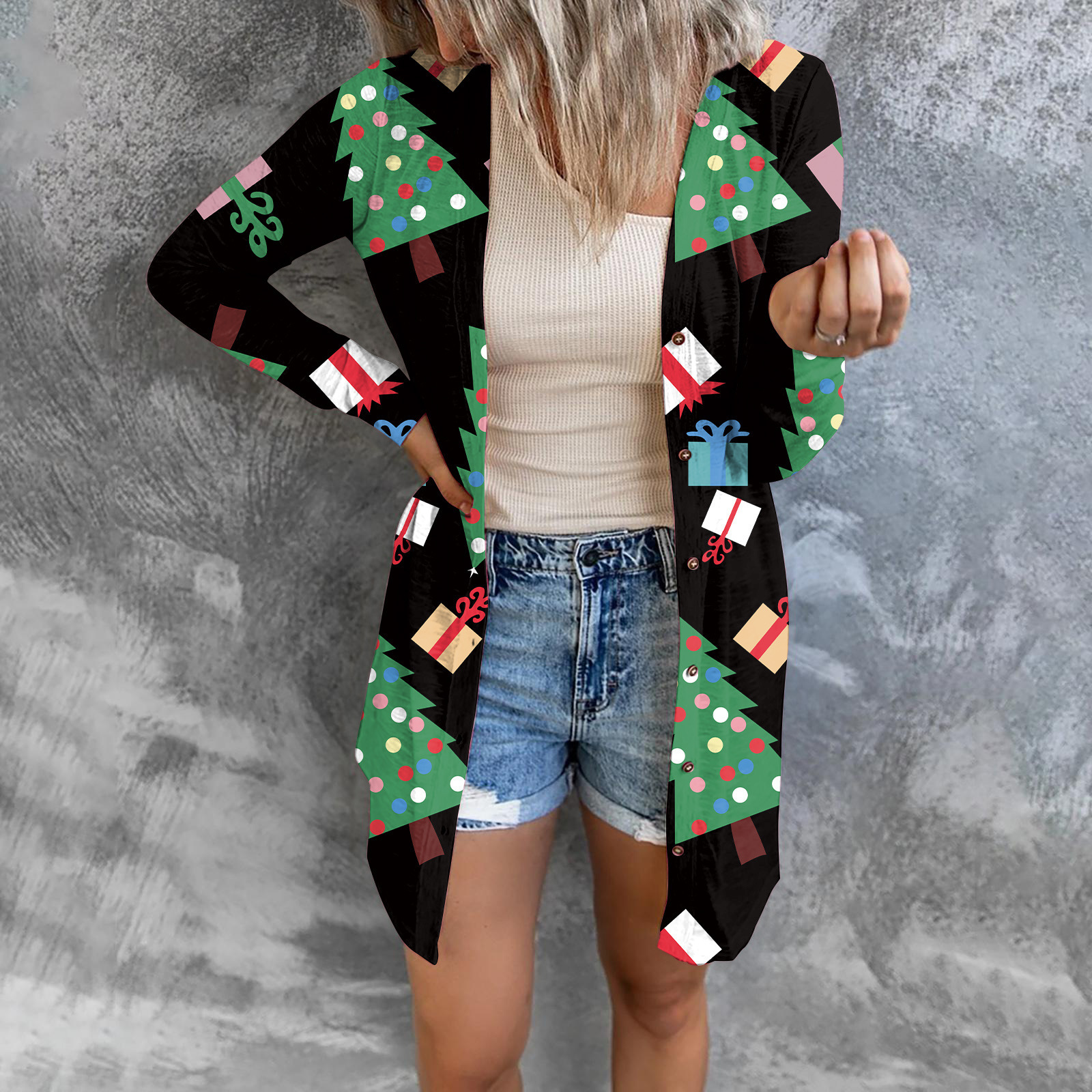 Christmas Print Fashion Button Long-sleeved Cardigan Women