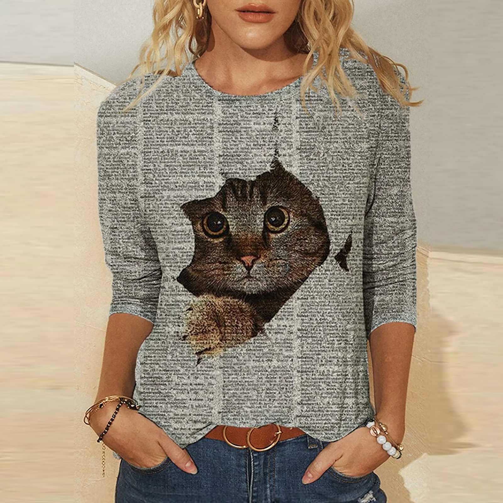 Title 2, Knitted Long Sleeve Printed Round Neck Women