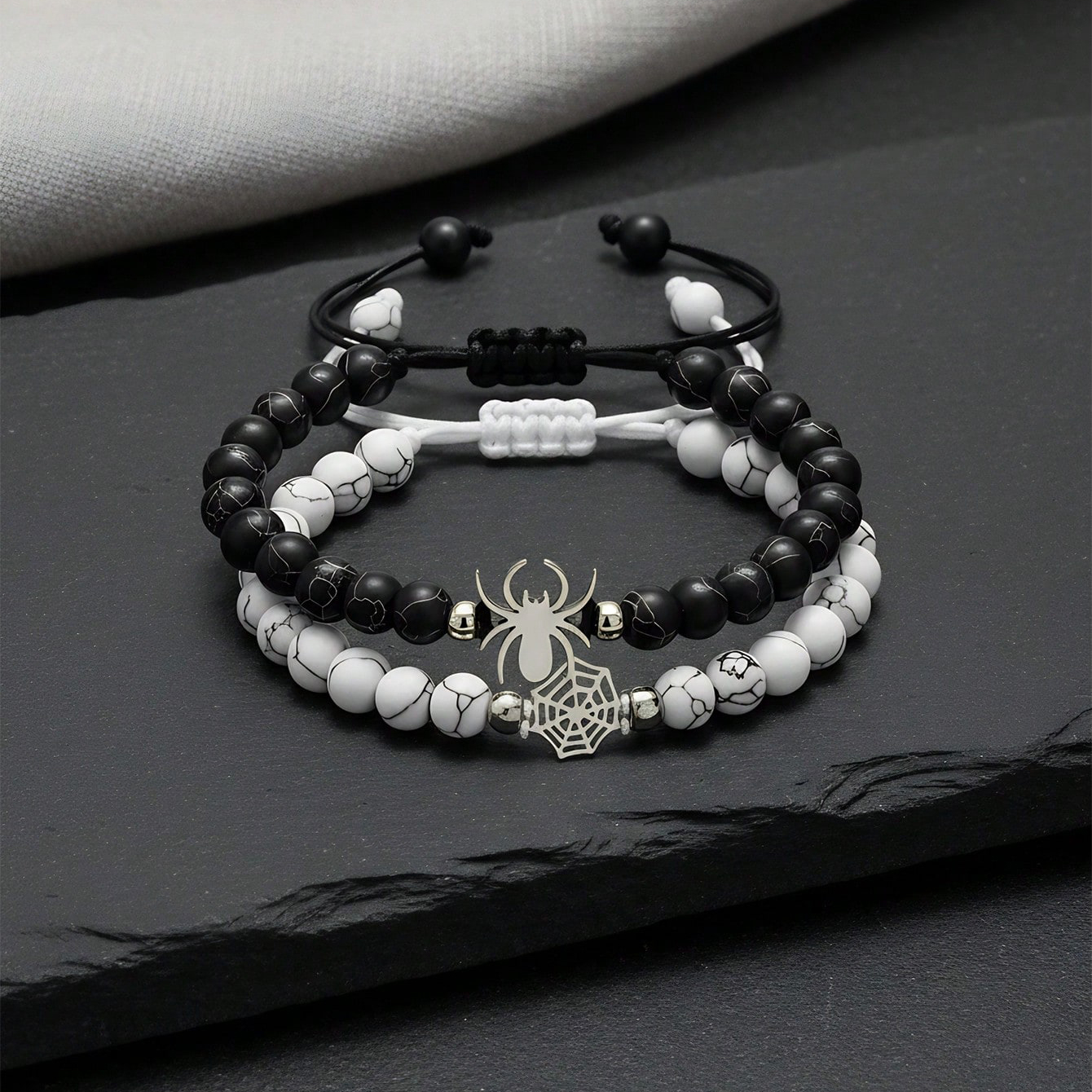 2pcs Matching Spider Web Bracelets For Couples Men Women, Natural Stone Black White Beaded Bracelets, Y2K Goth Punk Friendship Jewelry, Birthday Valentine's Day Gift For Best Friend Boyfriend Girlfrie