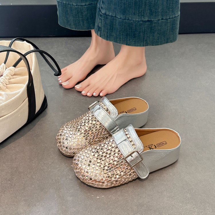 Women's Closed Toe Mules, 2026 New Summer Outer Wear Mesh Woven Hollow Hidden Heel Birkenstock Style Slide Sandals