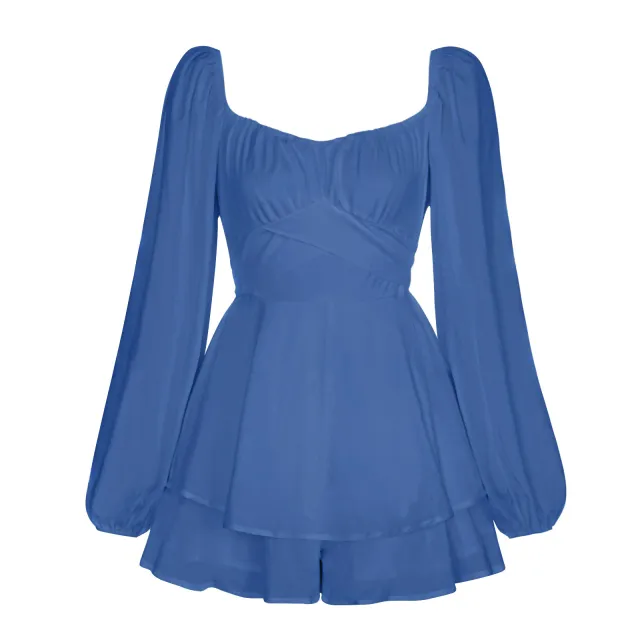 Women Jumpsuit Short Puff Sleeve Fashion Ruffle Shorts Blue - Shop at LoveMi