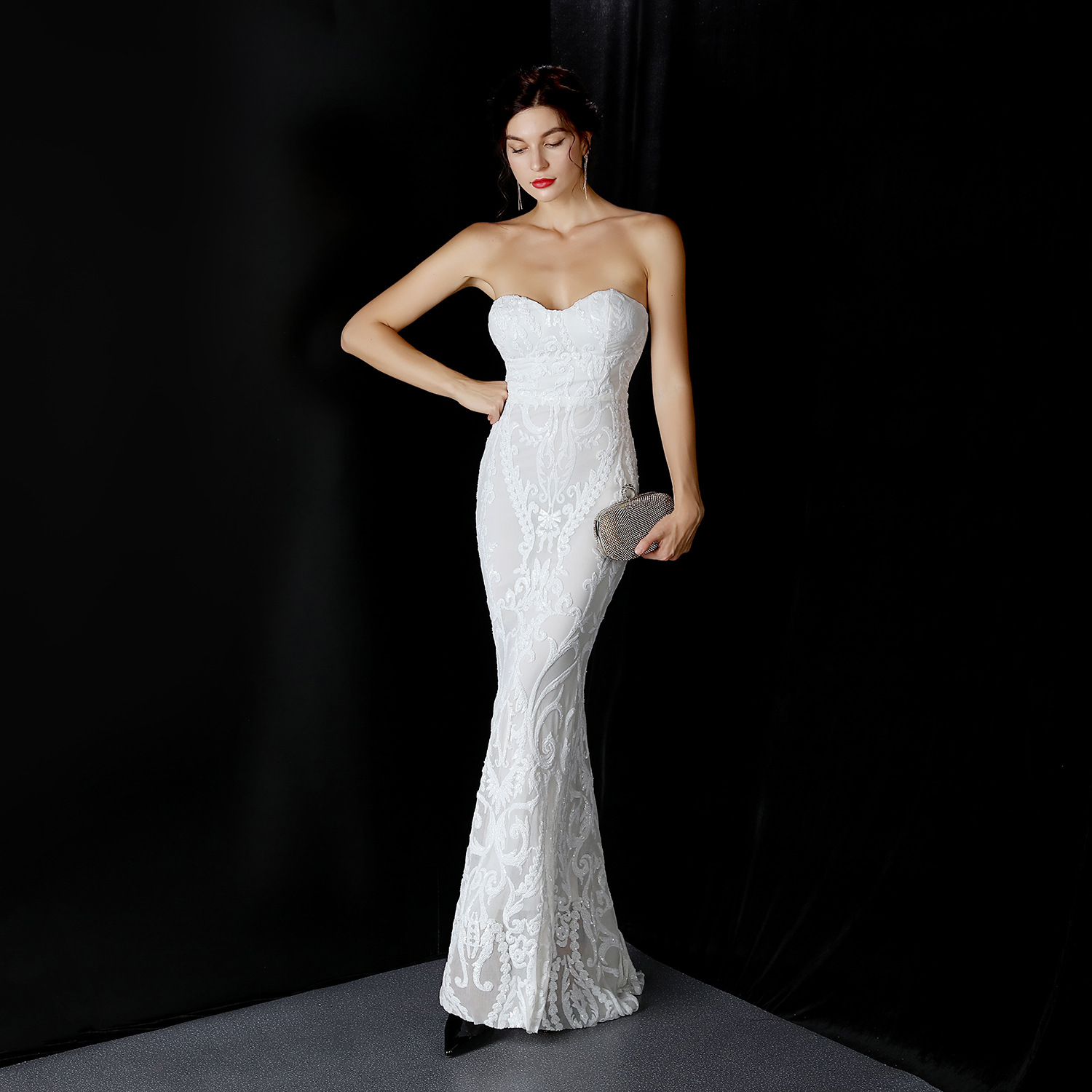 Sequined Long Dress Skirt Prom Party Etiquette Celebration Evening Dress White - Shop at LoveMi