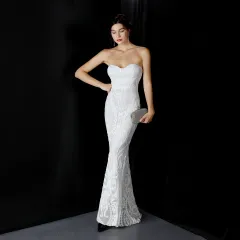 Sequined Long Dress Skirt Prom Party Etiquette Celebration Evening Dress - White - View 1