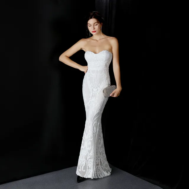Sequined Long Dress Skirt Prom Party Etiquette Celebration Evening Dress White - Shop at LoveMi