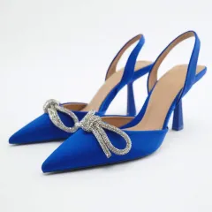 Women's High Heel Pointed Toe Bow Sandals - Blue - View 1
