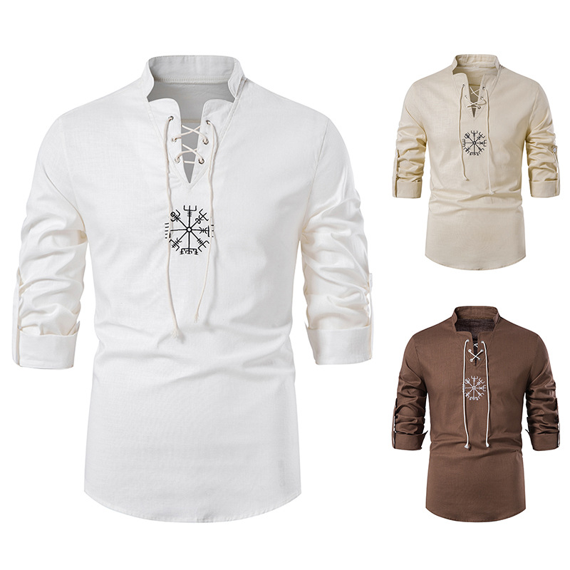 Men's Cotton Linen Shirts Long Sleeve Solid Color - 40