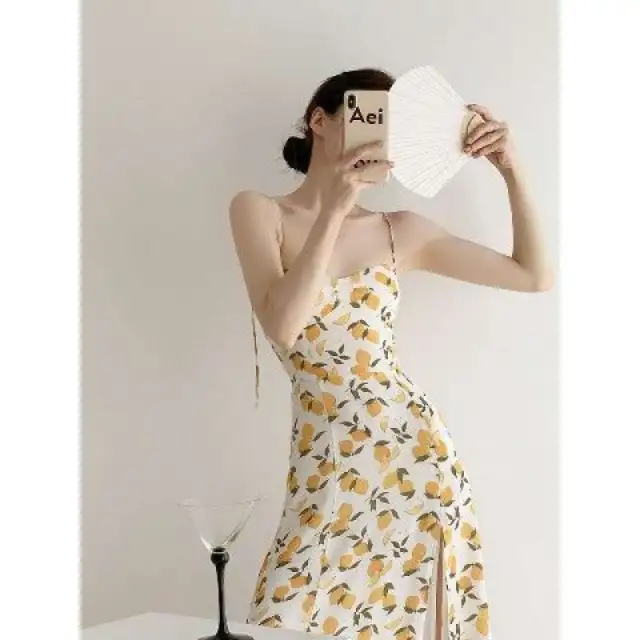 French Sweet Floral Suspender Dress For Women Lemon Flower Sling Dress - Shop at LoveMi