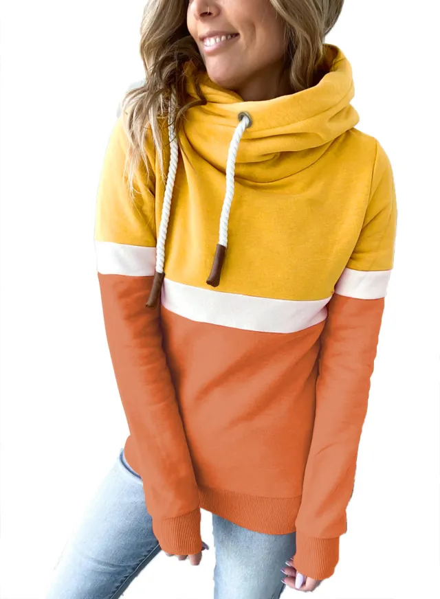 Women's Contrast Color Splicing Casual Long Sleeve European And American Hoodie Yellow Orange - Shop at LoveMi