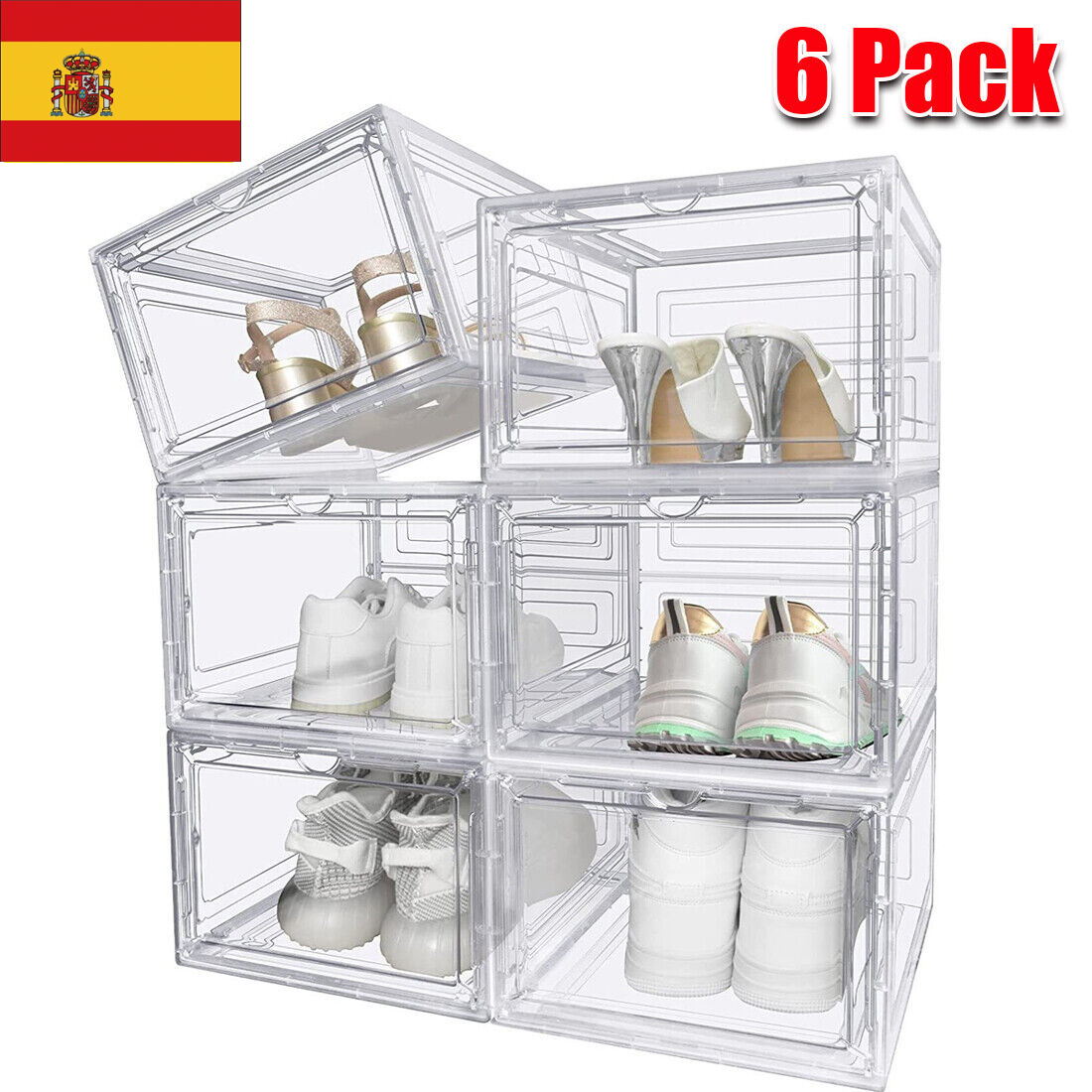 6 Pcs Transparent Shoe Storage Boxes, Stackable Clear Plastic Organizer With Magnetic Acrylic Door, Ventilated For Shoes Clothes Toys, Modern Design