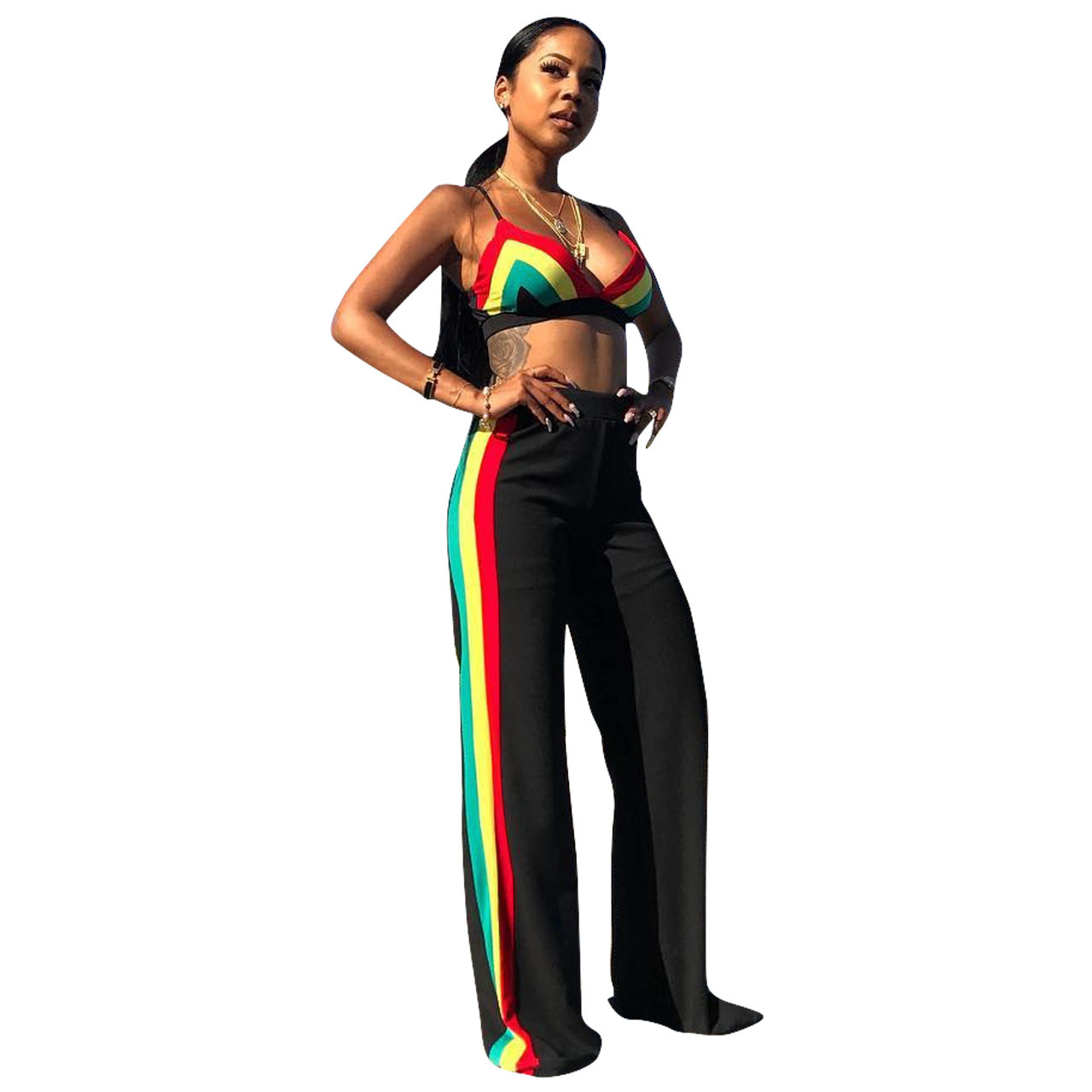 Title 2, Rainbow Striped Wrap Chest Wide Legs Two Piece Set