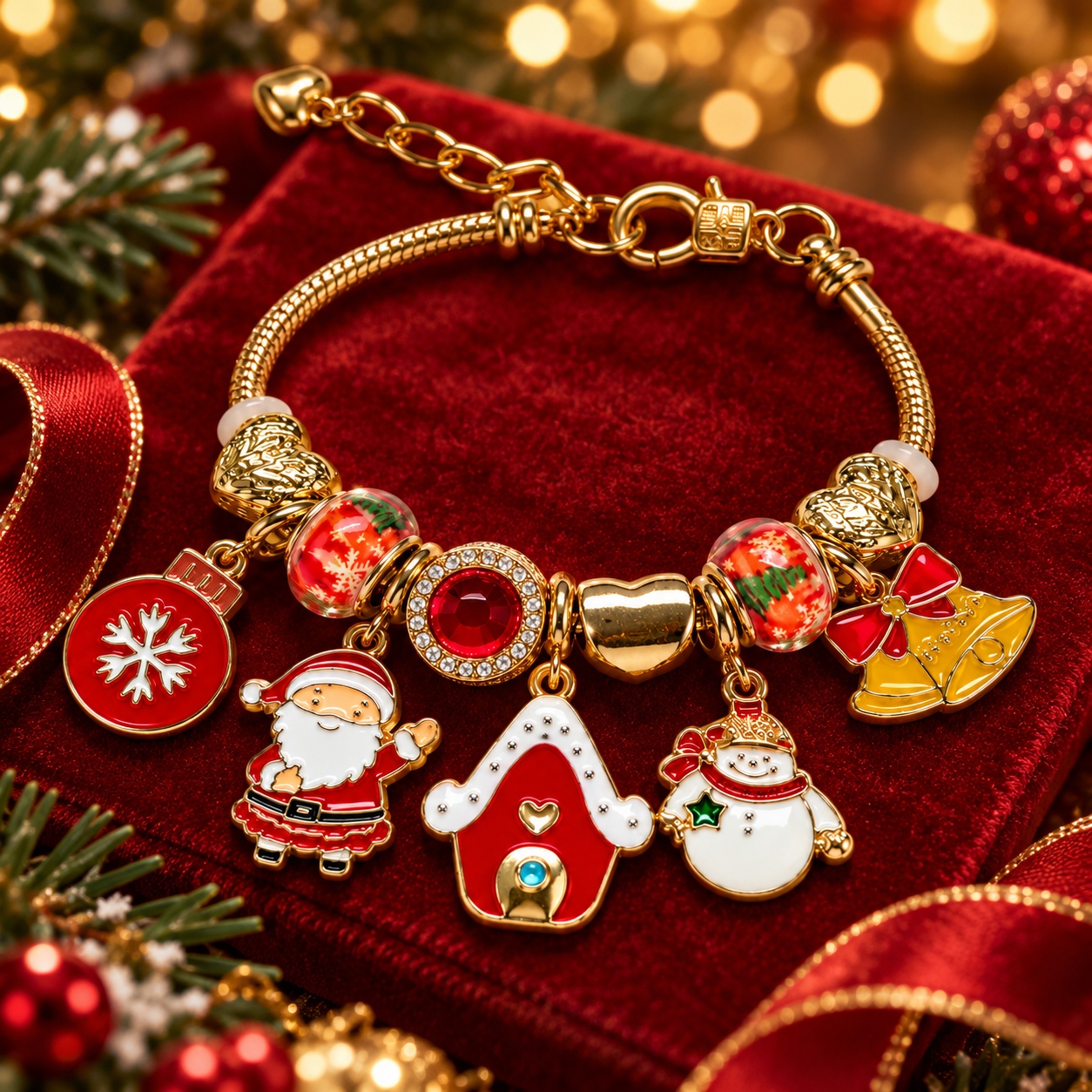 1 buc. Cute Christmas Santa Snowman House Charm Bracelet Gold Snake Chain Enamel Snowflake Bell Glass Beads Holiday Xmas Gift Women