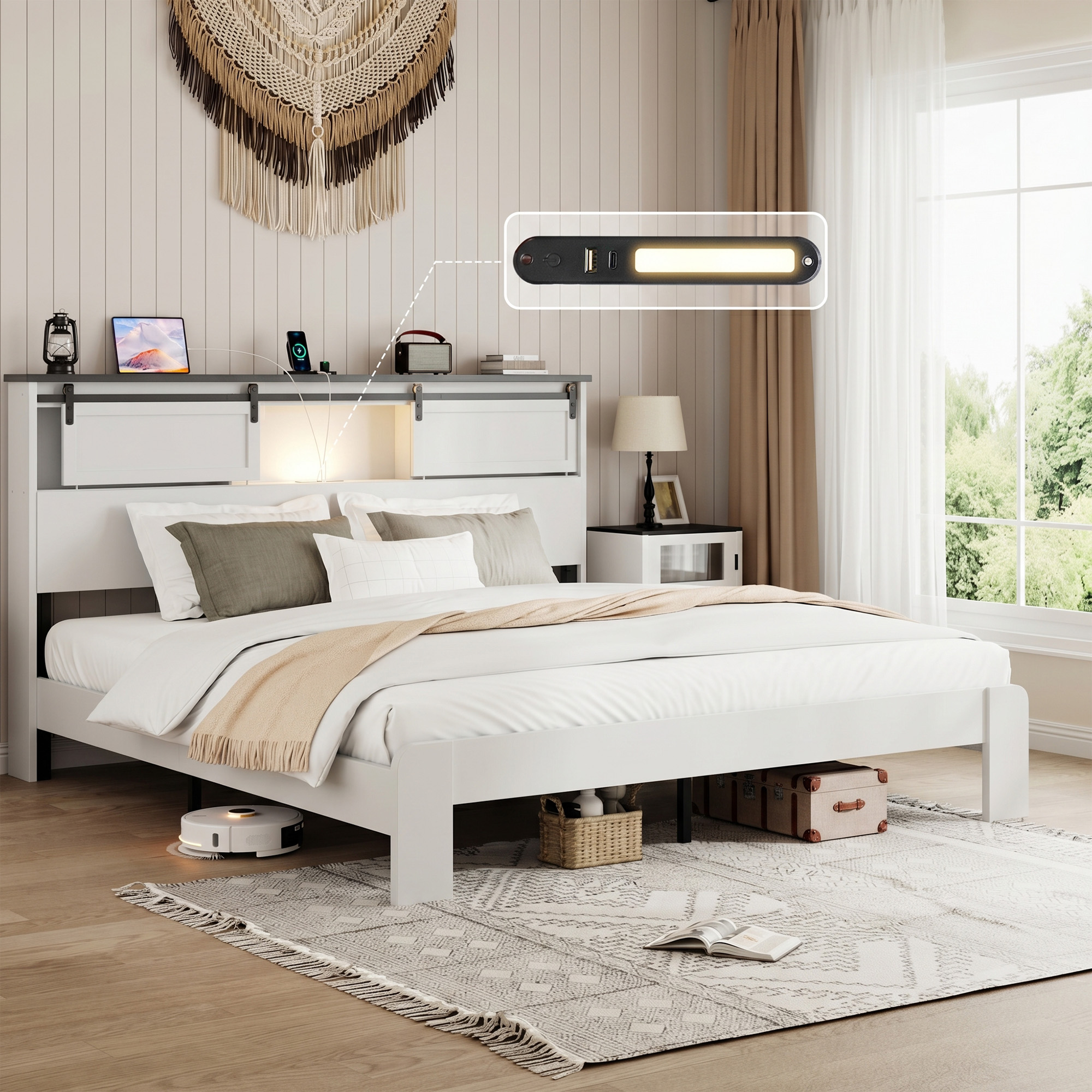 King Metal Bed Frame With Charging Station, No Box Spring, White — foto 8