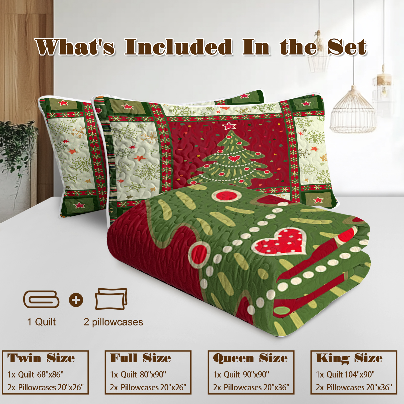 3 Piece Cute Christmas Tree Quilt Set Red Green Snowflakes Pattern Bedspread Lightweight Coverlet Summer Comforter Set Bed Cover,1 Quilt And 2 Shams