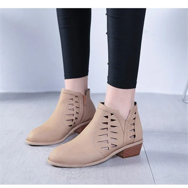Ladies Side Zipper Hollow Thick Heel Women's Boots Khaki - Shop at LoveMi
