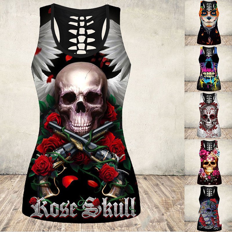 Cross-Border European And American Wish Halloween Skull Digital Printing I-shaped Vest Women's Bottoming Shirt E9J885