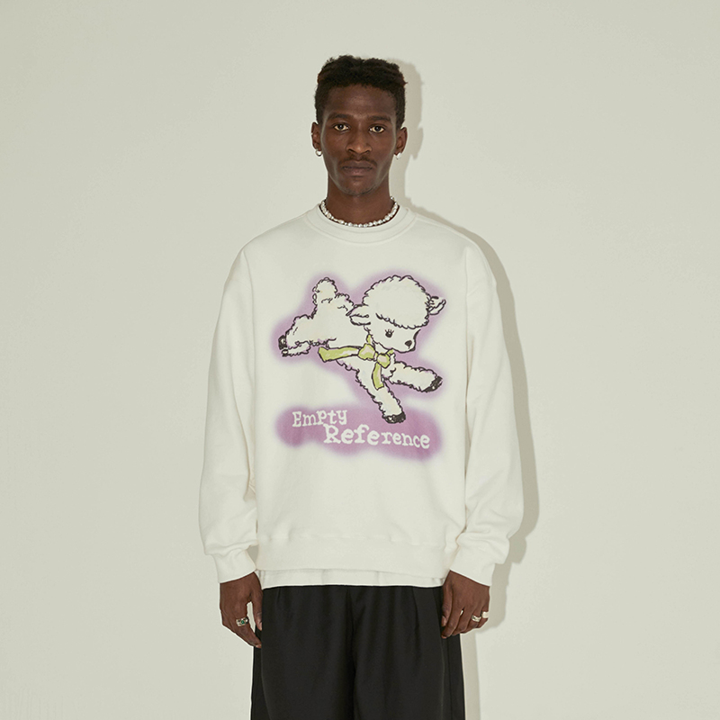 Original White Tie Bow Lamb Print Round Neck Sweater