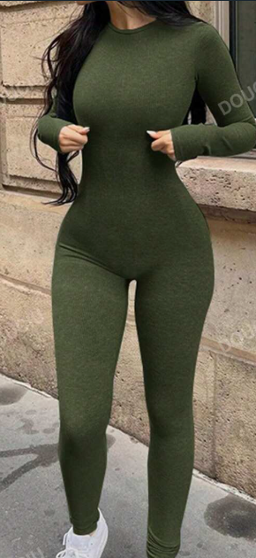 Solid Color Round Neck Long Sleeve Jumpsuit, Ribbed Knit Tight Jumpsuit, Spring Autumn Green - Shop at LoveMi