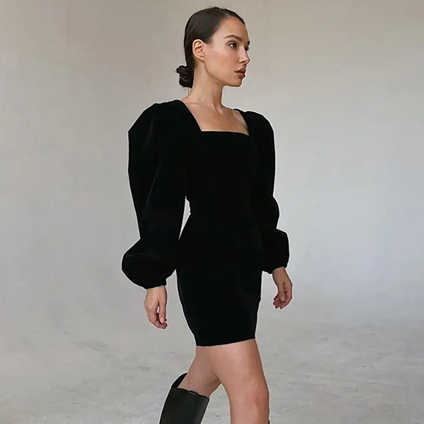 Black Puff Sleeve Long Sleeve Velvet Dress With Square Neck