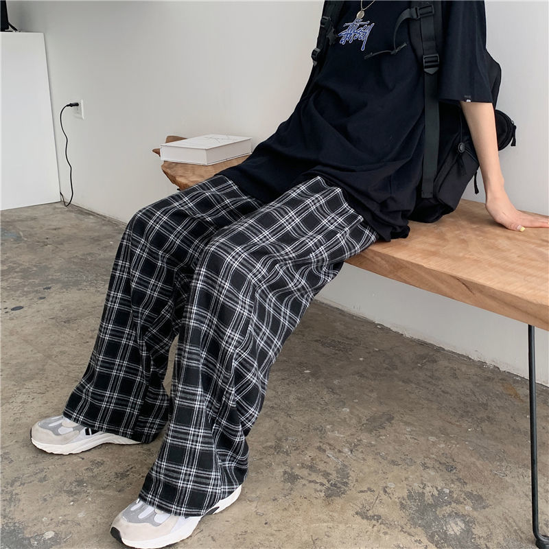 Retro Plaid Tooling Straight High Waist Pants Blackcheck - Shop at LoveMi