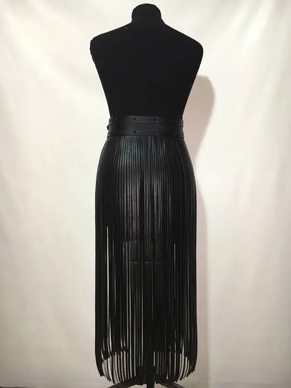Women's Striped Leather Fringe Belted Leather Skirt Black - Shop at LoveMi