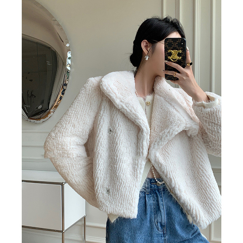 Korean Style Temperament Stand collar Lapel Faux Fur Jacket White - Shop at LoveMi