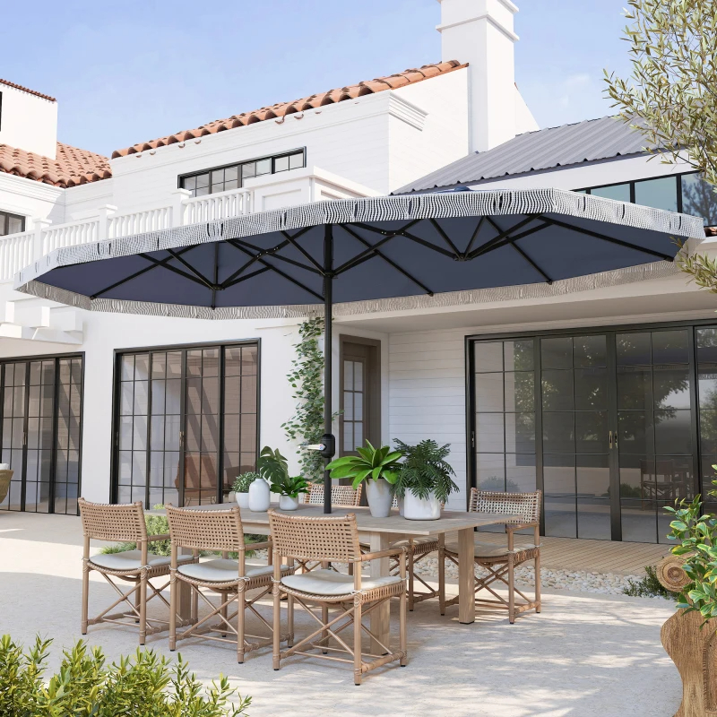 15ft Rectangle Patio Umbrella UPF30 Extra Large Outdoor Umbrella With Fringe And Crank Handle, Dark Blue