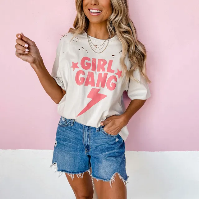 European And American Letters Printed Round Neck Short sleeved Ripped Loose Casual T shirt White - Shop at LoveMi