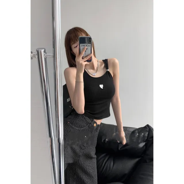 Love Embroidered Vest Women's Shoulder Straps Metal Ring Design Strap High Waist Skinny Black - Shop at LoveMi