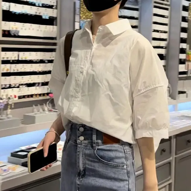 Cotton Medium Sleeve Slim Womens Shirt White - Shop at LoveMi